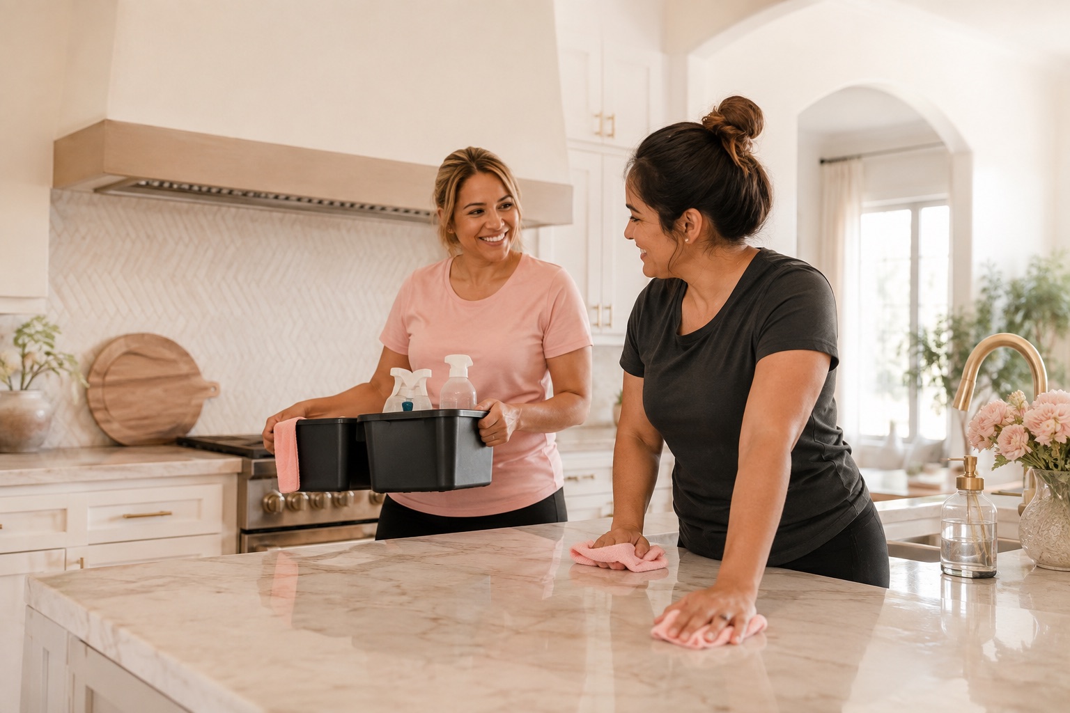 Two professional house cleaners working together in a bright kitchen