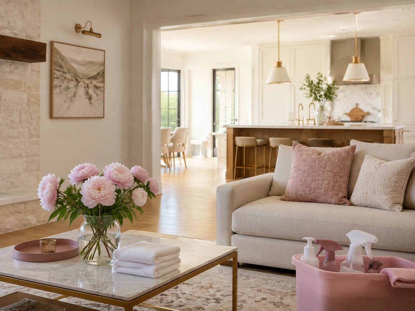 A freshly cleaned living room opening into a bright kitchen